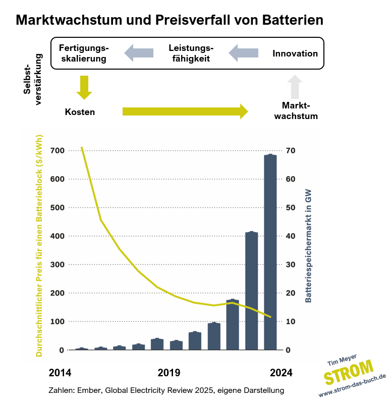Grafik: Selbstverstärkungs-Spirale bei Batteriespeichern — S-Kurven-Dynamik